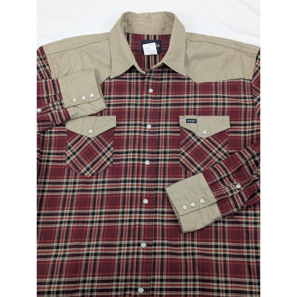 Vintage Wrangler Shirt Mens 2X Red Plaid Tan Brushpopper Pearl Snap Western - Picture 4 of 10
